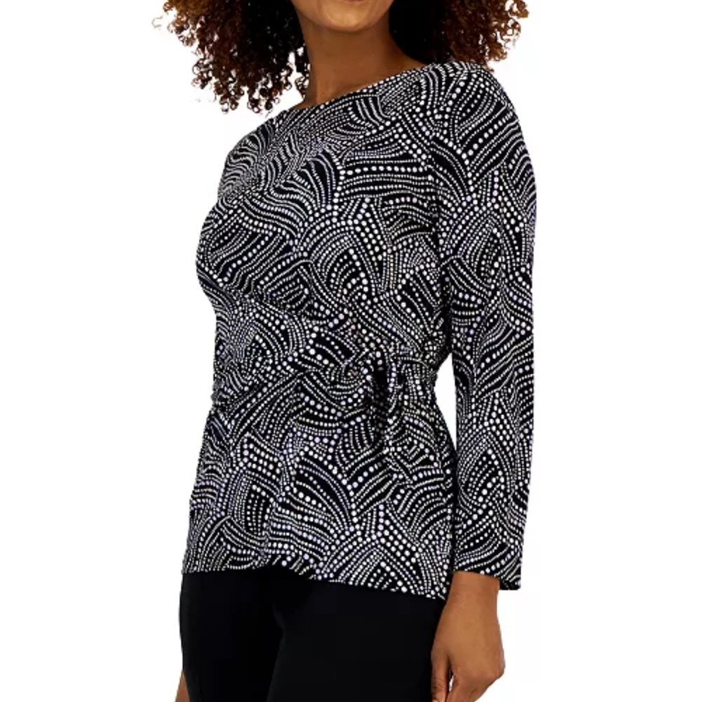 Kasper Dot-Print Tie-Side Long Sleeve Top Black/ Lavender Multi Size L